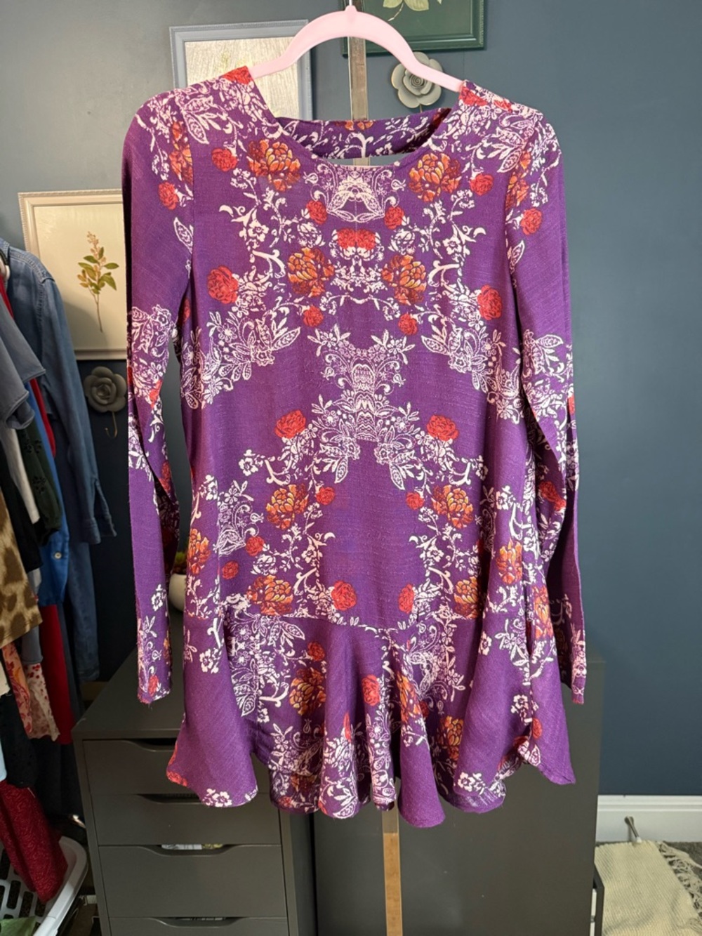 Free People Purple Floral Peplum Smooth Talker Mini Dress with Orange Accents